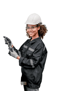 Woman in protective gear. Free WHMIS training.