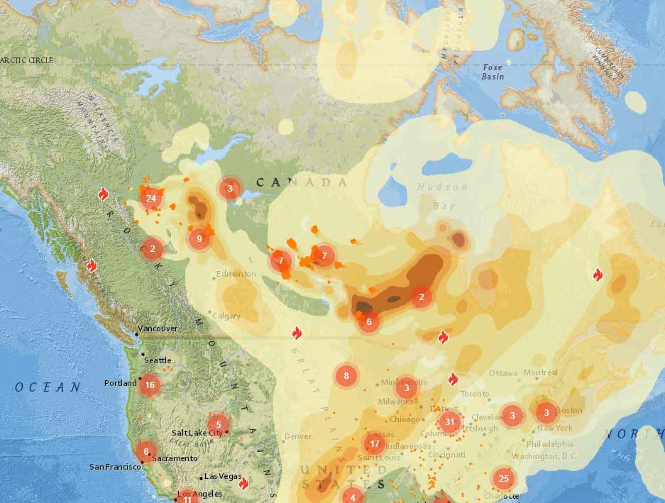 Map of Canada showing wildfire smoke traveling thousands of Km. Free WHMIS training.