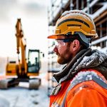 Construction worker in winter with safety glasses and hard hat. Free WHMIS training.