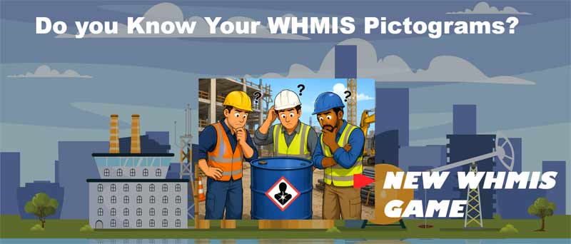 Banner promoting WHMIS pictogram game, showing three workers in hard hats around a hazardous material drum with warning signs.